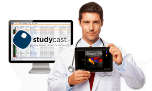 doctor holding studycast medical imaging software tablet