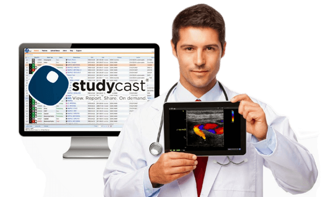 Doctor Showing iPad with Ultrasound Management Software Studycast