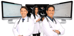 monitors displaying studycast medical imaging software with physicians in front
