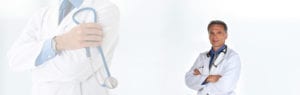 doctor holding stethoscope with doctor on right crossing arms