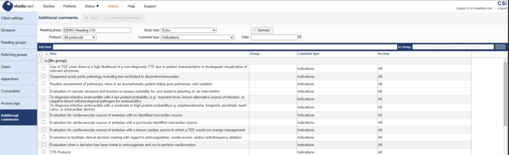 Image: The new Additional Comments section in the Studycast Admin Tools, filtered by reading group, study type, protocol, and comment type.