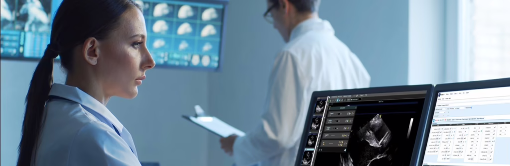 Doctor looking at ultrasound exam in Studycast
