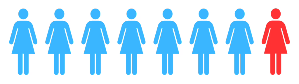 Eight icons of women. Seven are blue and one is red.